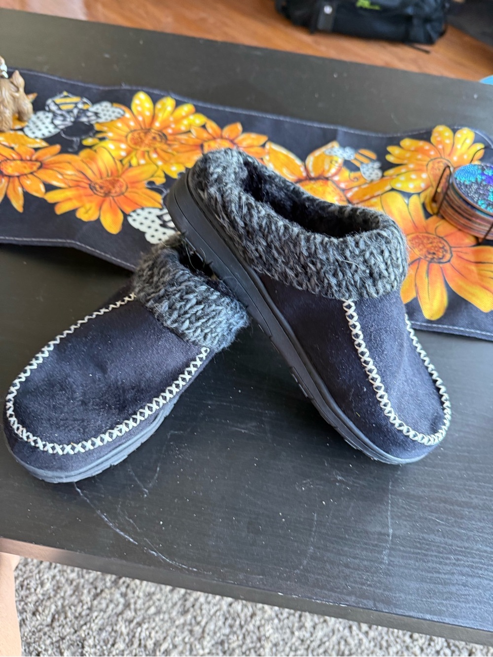 dearfoams Black Knit Cuff Slip-On Slippers